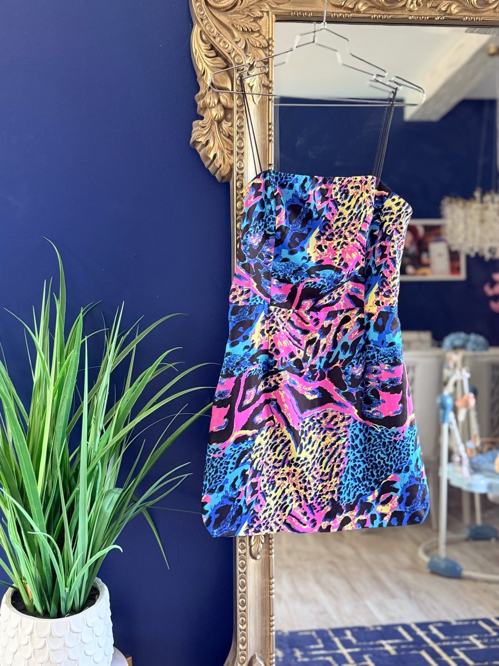 Vibrant Multicolor Animal-Print Mini Dress — Pink & Blue